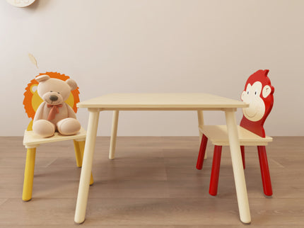 Kids Table And 2 Chairs Set, 3 Pieces Toddler Table And Chair Set, Wooden Activity Play Table Set (Lion&Monkey) - Natural