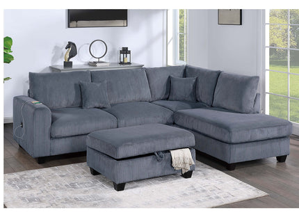 Modern Style Sectional Set With USB Port, Storage Ottoman