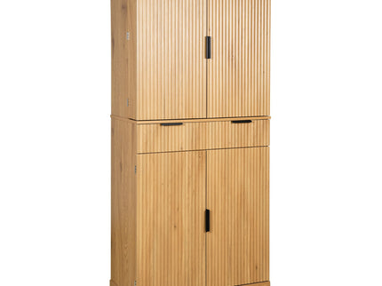 Fluted Kitchen Pantry Cabinet With 3 Keyboard Drawers & 6 Door Shelves Adjustable