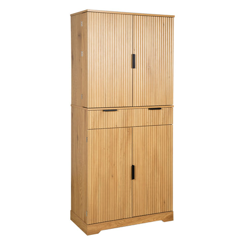 Fluted Kitchen Pantry Cabinet With 3 Keyboard Drawers & 6 Door Shelves Adjustable