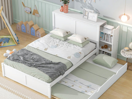 Storage Platform Bed With Pull Out Shelves And Trundle