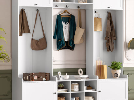 Wide Hall Tree With Shoe Storage, 4 In 1 Entryway Bench With 8 Cubbies, 7 Coat Hooks & Adjustable Shelf For Hallway - White