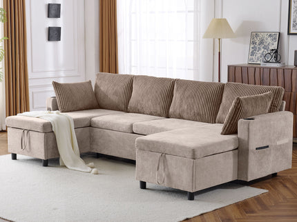 Sectional Sofa Bed With Pull Out Sleeper, USB Ports, Cup Holders