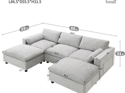 Modular Sectional With Storage Pockets, 5 Seat U Shaped Couch Set With Pillows, Free Combination Modern Cloud Sofa With 2 Movable Ottoman