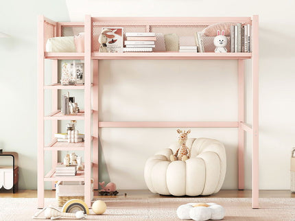 Loft Bed With 4 Tier Shelves And Storage