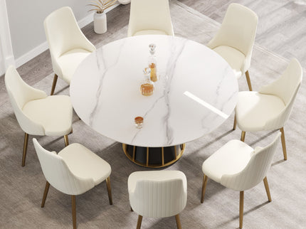 59.05" Modern Artificial Stone Round Panel Metal Iron Base Dining Table, Can Accommodate 8 People, (Not Including Chairs) - White / Black