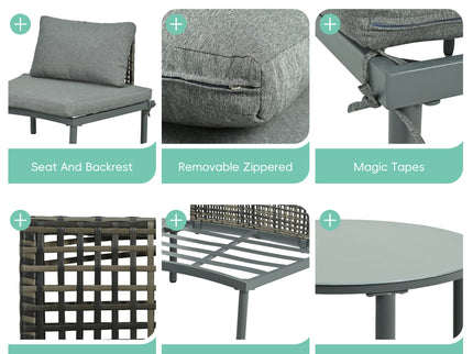 6 Piece Patio Set, Half Moon Outdoor Sectional Sofa With 2 High Low Coffee Tables, 4 Pillows & Cushions