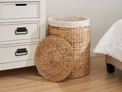 Round Tall Water Hyacinth Woven Wicker Laundry Hamper With Lid - For Clothes, Toys And Book Storage With Removable Liner - 15" X 15" X 20" - Natural Brown