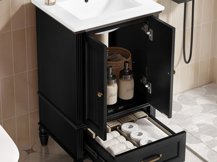 20" Bathroom Vanity With Sink Cabinet With 2 Doors, 2 Drawer, Magnetic Door Stopper, Adjustable Feet, Drop In Sink - Black