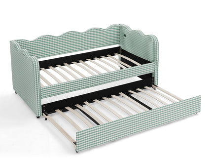 Gingham Daybed With USB Charging Port, Wave Shaped Design
