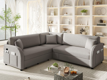 L-Shaped Couch With Pull-Out Bed, Oversize Convertible Sleeper Sofa With Side Pocket & USB Port