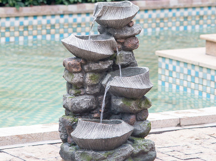 Indoor Outdoor Stone Water Fountain, 4 Tier Polyresin Cascading Rock Bowl Freestanding Fountain With LED Ligh - Gray