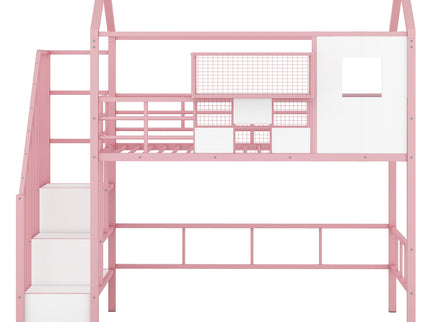 Metal Loft Bed With Roof Design And Storage Box With Guardrails And Integrated Ladder