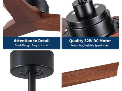 Ceiling Fan Without Light, DC Motor, No Light, Quiet Reversible Ceiling Fan For Living Room - Black