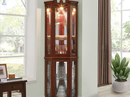 Corner Curio Cabinet With Lights, Adjustable Tempered Glass Shelves, Display Cabinet (E26 Light Bulb Not Included) - Mirrored / Walnut