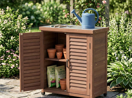 Potting Bench With Storage Cabinet And Metal Table Top For Outdoor