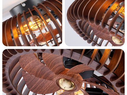 Semicircle Flush Mount Fan Light, (No Included Bulbs) And Remote Control, 6 Speeds, Quiet DC Motor For Living Room - Wood