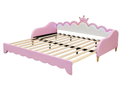 Extending Daybed With LED Lights, Modern Upholstered Princess Daybed With Crown Headboard