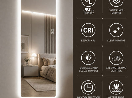 LED Full Length Mirror With Frosted Edge Lighting, 3 Color Temperatures