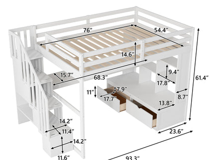 Full Size Loft Bed With Desk And Shelves, 2 Built In Drawers, Storage Staircase - White