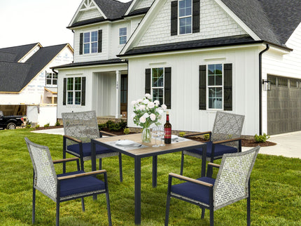 5 Piece Patio Dining Table Set, Acacia Wood Table Top With Umbrella Hole