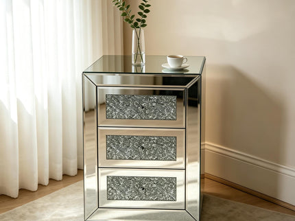 3 Drawer Nightstand With Glass Accents, Bedside Table For Bedroom - Silver