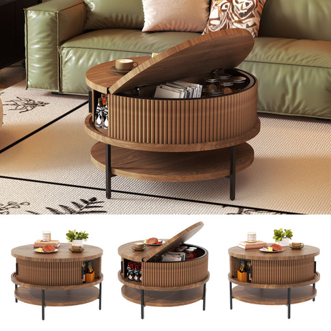 Flip-Top Round Coffee Table With Storage - Brown