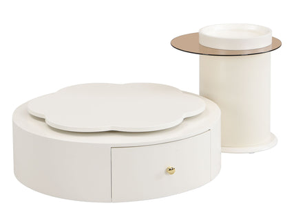Modern Round Coffee Table (Set of 2), 360 Degree Rotatable Flower Shaped Top With 2 Drawers, Top Circle Side Table End Table With Glass For Living Room - Off White
