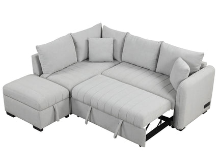 L-Shaped Sectional Pull Out Sofa Bed Sleeper Sofa With Two USB Ports, Two Power Sockets And A Movable Storage Ottoman