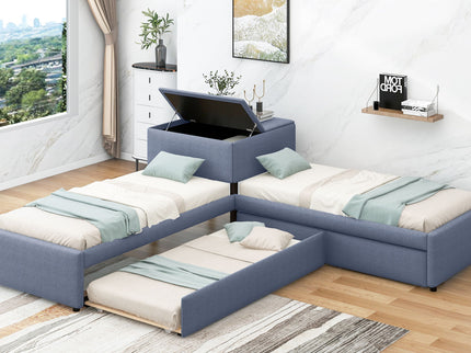 L Shaped Upholstered Platform Bed With Trundle And 2 Drawers Linked With Built In Desk