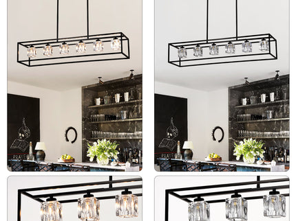 6 Light Farmhouse Chandelier, Modern Industrial Linear Rectangular Crystal Pendant Light Cage Chandelier For Dining Room, Kitchen Island, Bar, Long Table, G9*6 Bulbs Included - Matte Black