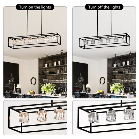 6 Light Farmhouse Chandelier, Modern Industrial Linear Rectangular Crystal Pendant Light Cage Chandelier For Dining Room, Kitchen Island, Bar, Long Table, G9*6 Bulbs Included - Matte Black