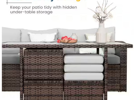 7 Piece Outdoor Dining Set With Cushions, Modular Sectional Sofa And Table