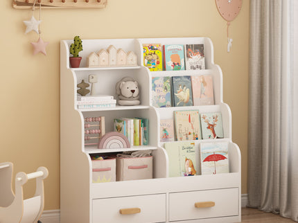 Bookshelf With 2 Storage Drawers, Front Facing Bookcase And Toy Organizer, Multi Tier Reading Shelf - White