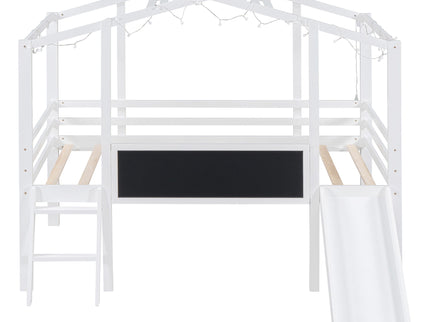 Loft House Bed With Ladder And Slide, With board And Light Strip On The Roof