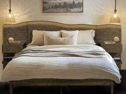 Queen Size Platform Bed Frame With Live Edge Headboard, Built In Nightstands - Dark Brown