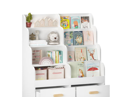 Bookshelf With 2 Storage Drawers, Front Facing Bookcase And Toy Organizer, Multi Tier Reading Shelf - White