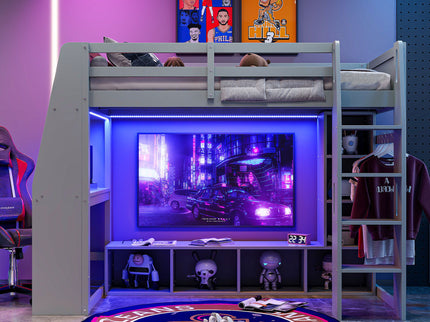 Gaming Loft Bed With Desk, Multi Storage Shelves, LED Lighting, And Hanging Clothes Rack