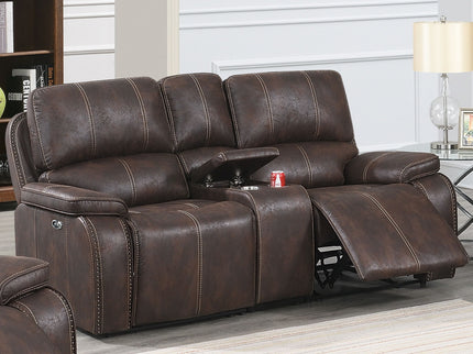 Power Reclining Loveseat With USB Port Leather Upholstered, Built In Cup Holder - Chocolate