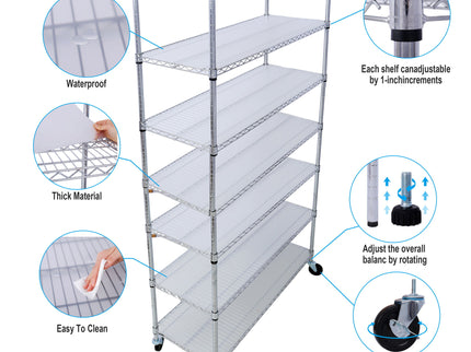 7 Tier Metal Shelf Wire Shelving Unit, 2450Lbs Heavy Duty Adjustable Storage Rack With Wheels & Shelf Liners For Closet Kitchen Garage Basement Commercial Shelving