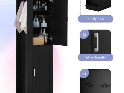 Tall Freestanding Bathroom Storage Cabinet With Adjustable Shelves And Side Hooks