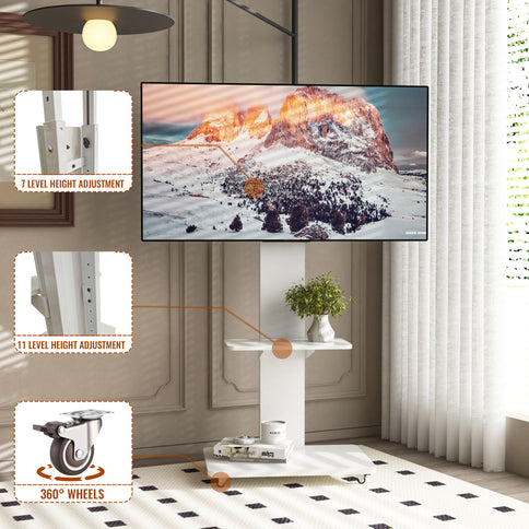 Mobile TV Stand With Shelf Floor Mount Cart For TVs With Lockable Wheels Ideal For Living Room Bedroom Or Office - White