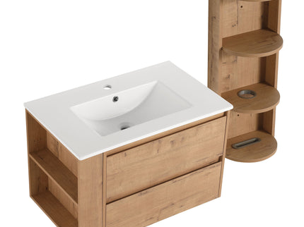 Modern Wall Mounted Bathroom Vanity With Ceramic Sink And Storage Rack, 2 Soft Close Drawers