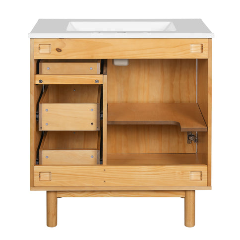 Bathroom Vanity With Sink, 3 Drawers, Soft Close Door - Natural Wood