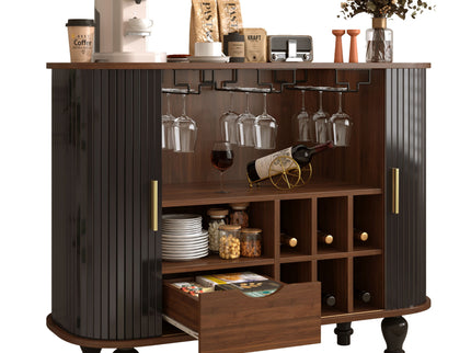 Fluted Liquor & Coffee Bar Cabinet With 6 Wine Racks And 3 Glass Holders