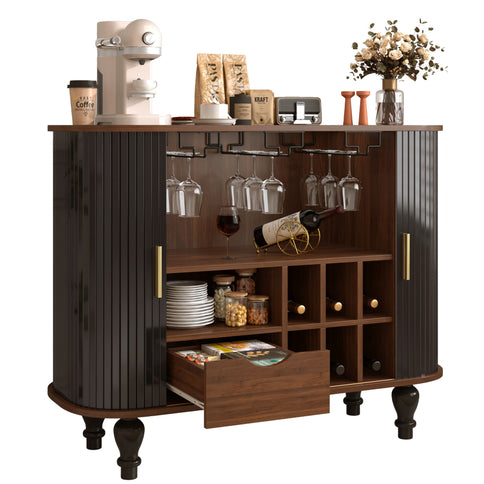 Fluted Liquor & Coffee Bar Cabinet With 6 Wine Racks And 3 Glass Holders