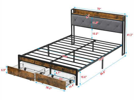 Modern Bed Frame With LED Lights, Upholstered Headboard, USB Charging