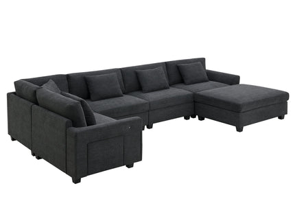 U Shaped Sectional Sofa 6 Seat Couch Set With Oversized Ottoman, Hidden Armrest Storage And Cup Holders USB Charging Ports Wide Seat Sofa