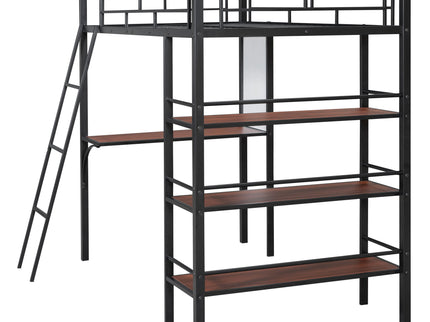 Loft Metal Bed With 3 Layers Of Shelves And Desk, Stylish Metal Frame Bed With board