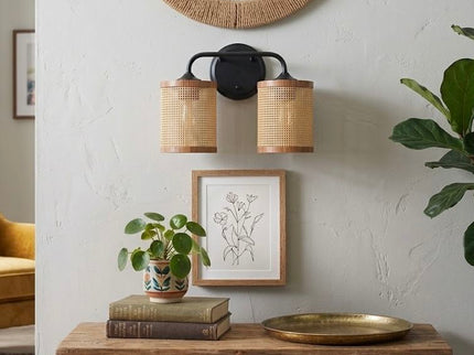 Quell - Double Light Vanity With Natural Shade Wall Lamp - Black / Rattan